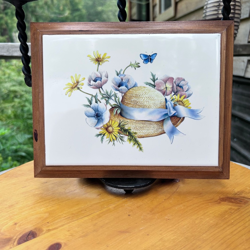 Vintage Ceramic Art Tile Trivet Wood Frame Floral Straw Hat Butterfly Wall Decor